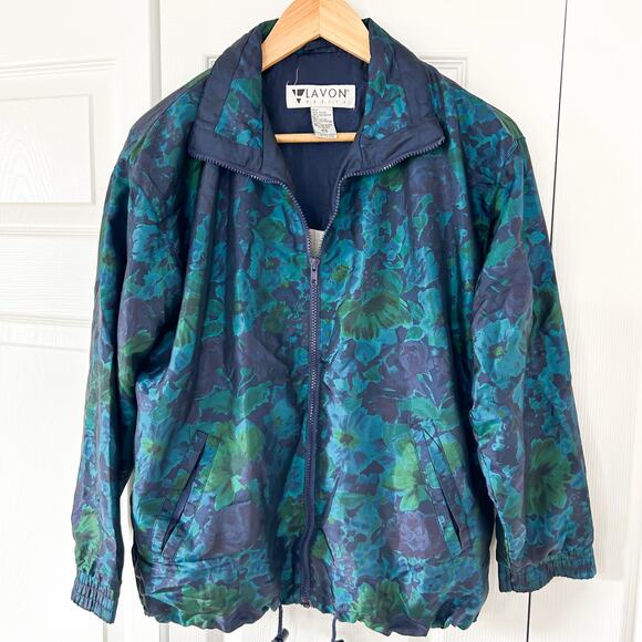 Vintage Lavon Blue Green Floral Insulated Medium Petite Windbreaker Jacket - Picture 2 of 5